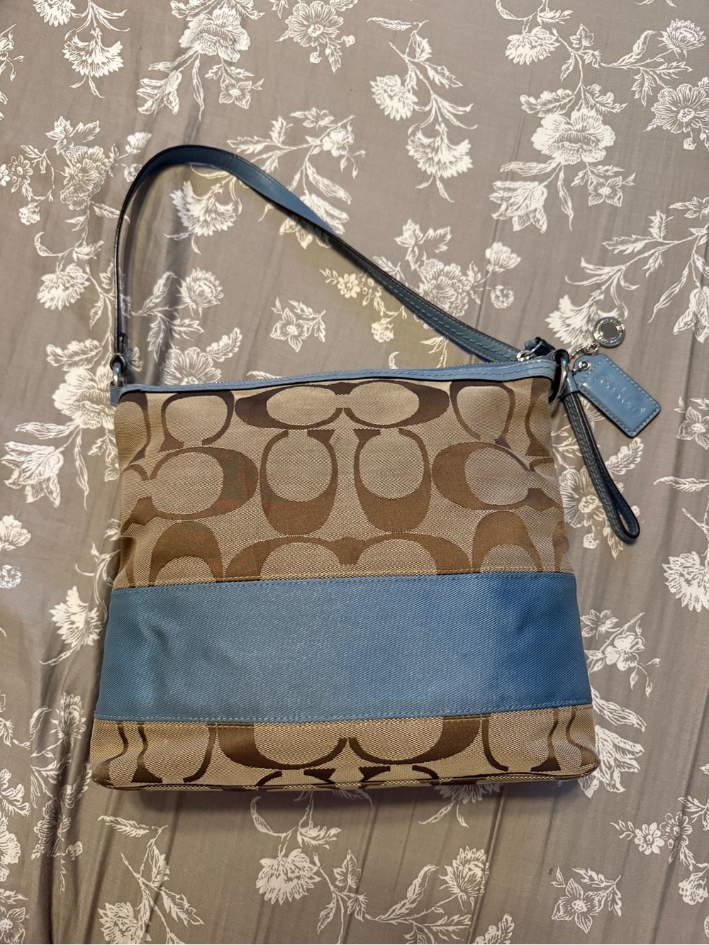 Coach Signature Shoulder Bag in Khaki and Light Blue Trim